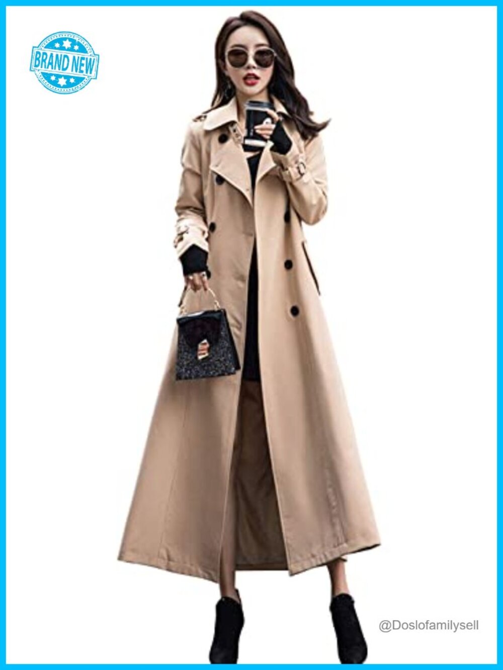 Women's Double Breasted Duster Trench Coat Slim Long Sleeve Overcoat